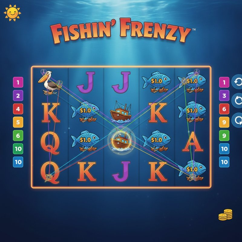 Fishin Frenzy gameplay showing active coloured paylines across the five reel three row grid