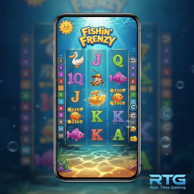 Fishin Frenzy slot by Real Time Gaming running on a mobile device with ocean background