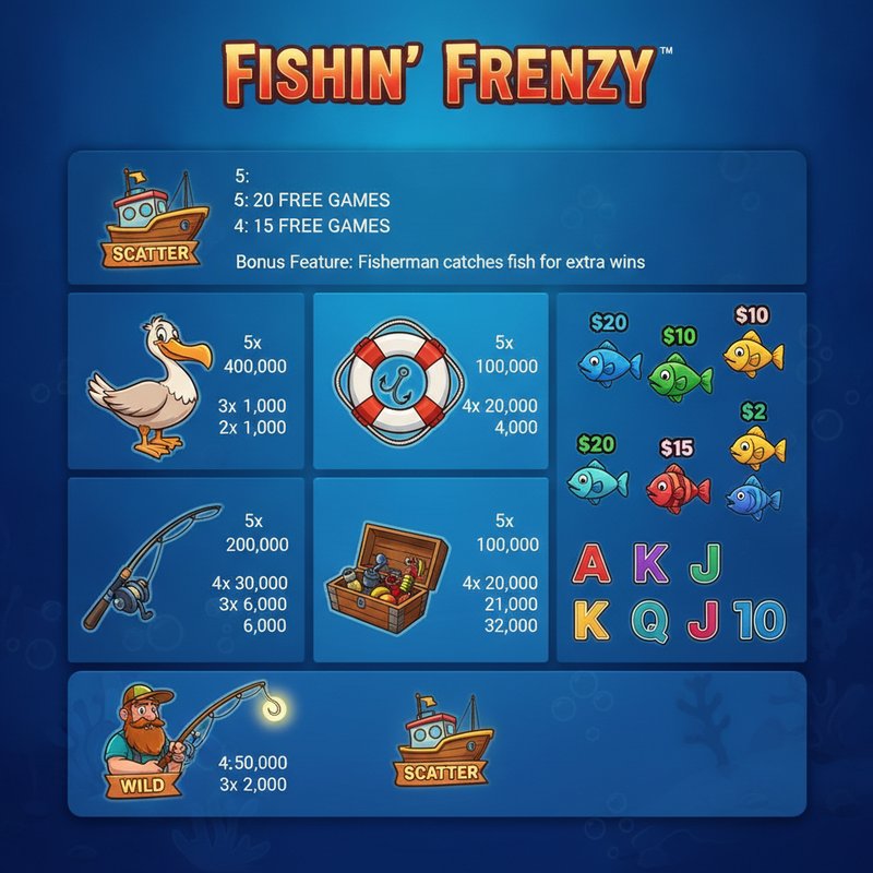 Fishin Frenzy paytable displaying pelican, fishing rod, life preserver and tackle box symbol payouts